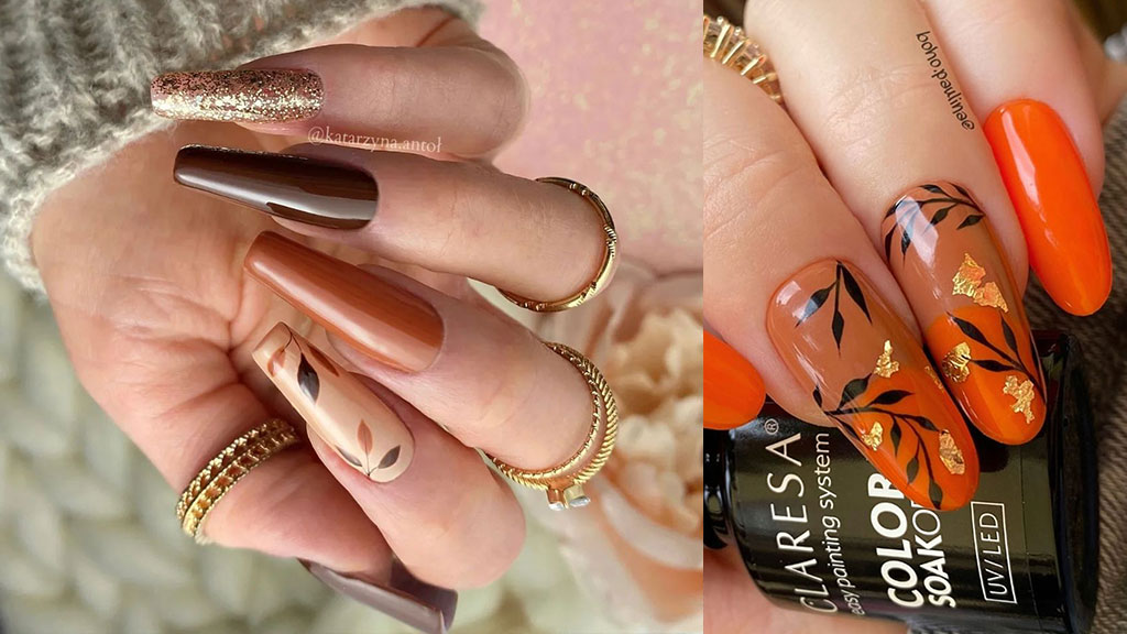 Brown and orange nails with floral autumn accent